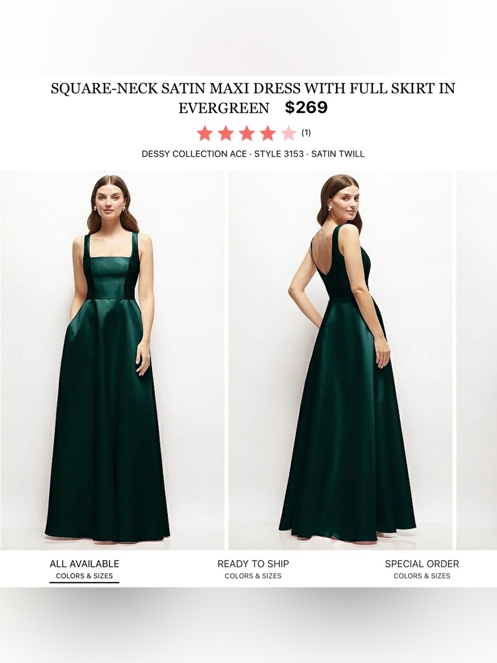 Dessy Collection Evergreen Square-Neck Satin Maxi Gown
